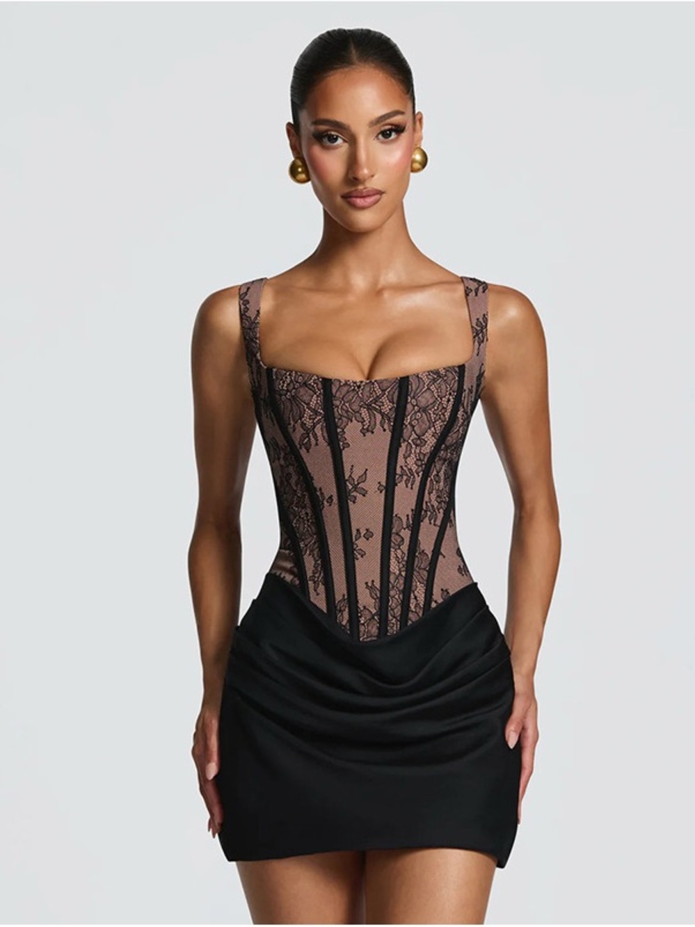Lace Overlay Corset Bodysuit in Mauve and Black
